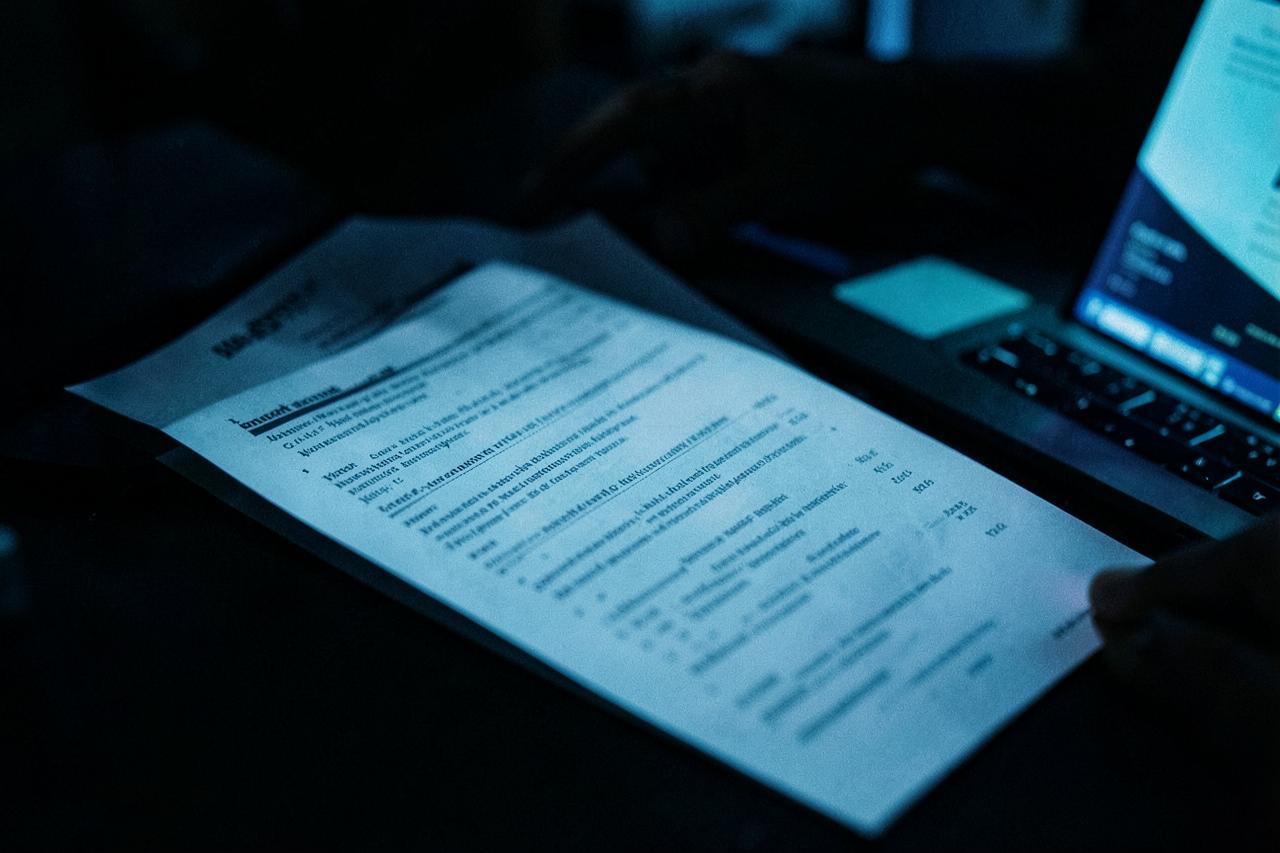 CV et ordinateur portable sur un bureau, séance de travail sur un dossier de candidature